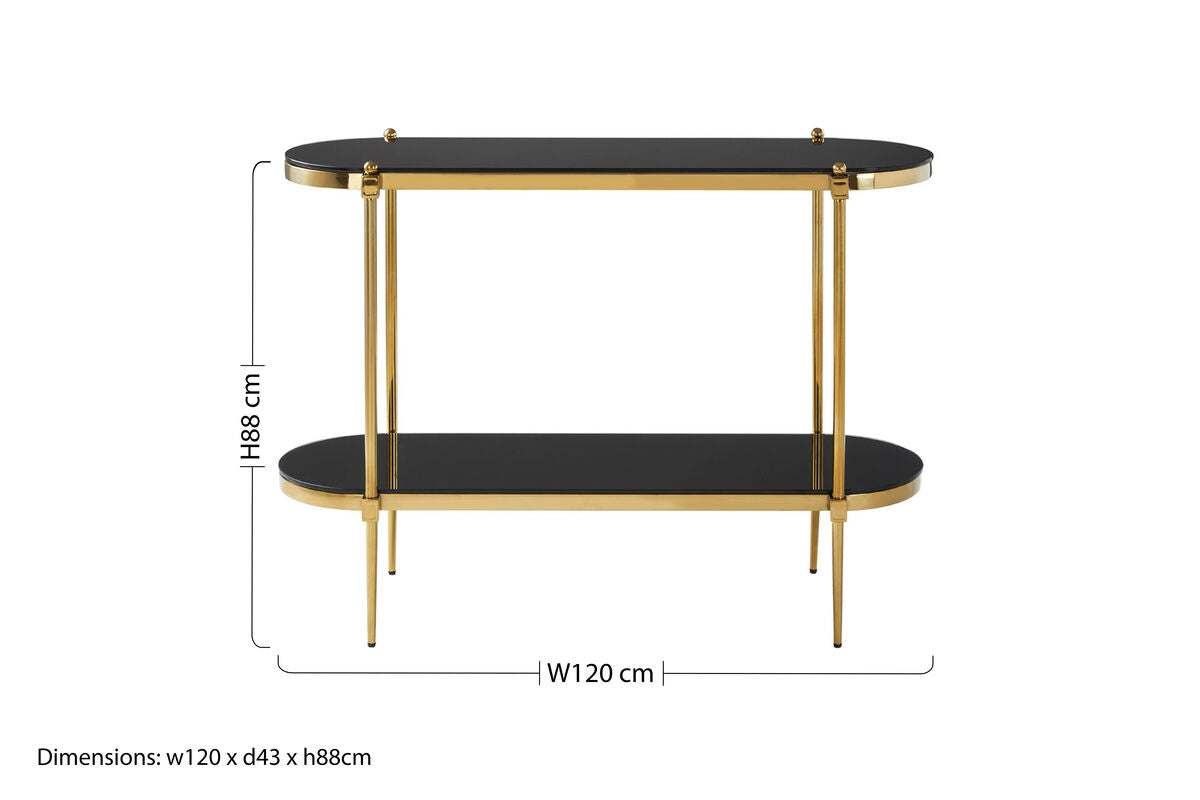 Arezzo Black Glass 2 Tier Console Table with Gold Finish Frame