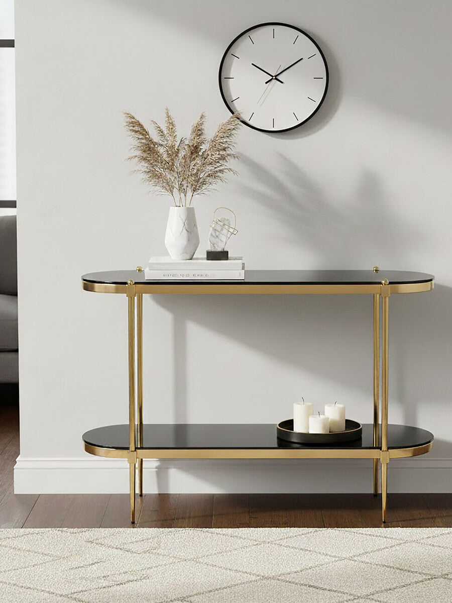 Arezzo Black Glass 2 Tier Console Table with Gold Finish Frame