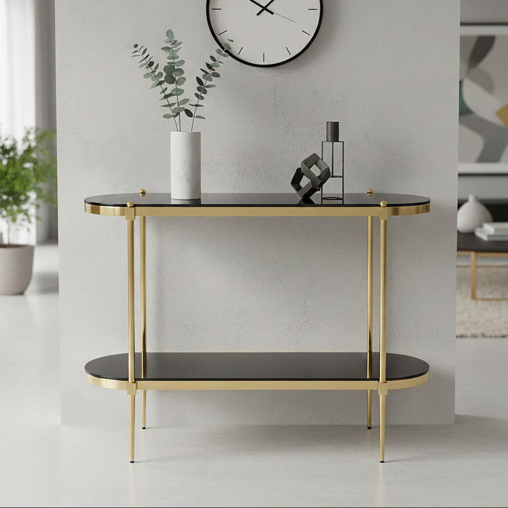 Arezzo Black Glass 2 Tier Console Table with Gold Finish Frame