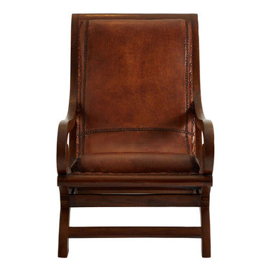 Inca Brown Leather and Teak Wood Lounge Chair with Footstool