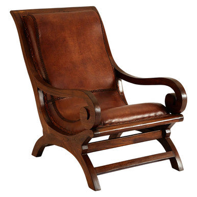 Inca Brown Leather and Teak Wood Lounge Chair with Footstool