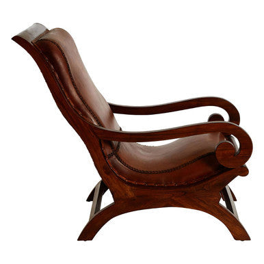 Inca Brown Leather and Teak Wood Lounge Chair with Footstool