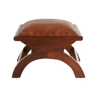 Inca Brown Leather and Teak Wood Lounge Chair with Footstool
