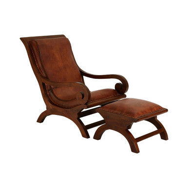 Inca Brown Leather and Teak Wood Lounge Chair with Footstool