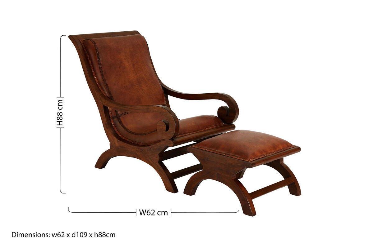Inca Brown Leather and Teak Wood Lounge Chair with Footstool