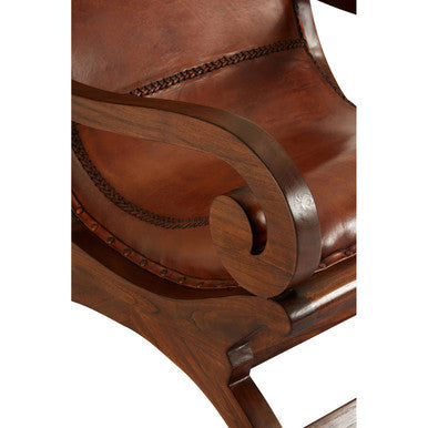Inca Brown Leather and Teak Wood Lounge Chair with Footstool