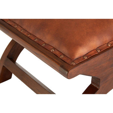 Inca Brown Leather and Teak Wood Lounge Chair with Footstool