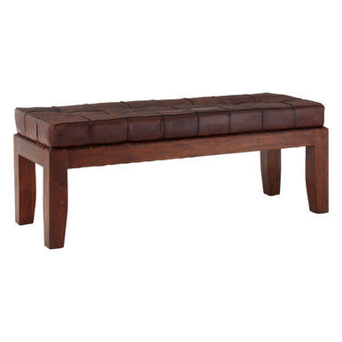 Inca Antique Brown Leather and Teak Wood Button Tufted Bench