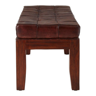 Inca Antique Brown Leather and Teak Wood Button Tufted Bench