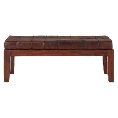 Inca Antique Brown Leather and Teak Wood Button Tufted Bench