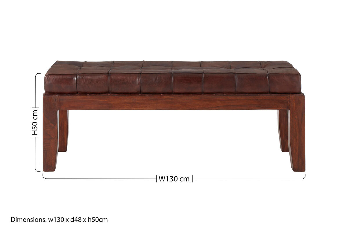 Inca Antique Brown Leather and Teak Wood Button Tufted Bench