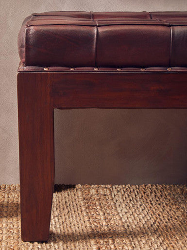 Inca Antique Brown Leather and Teak Wood Button Tufted Bench