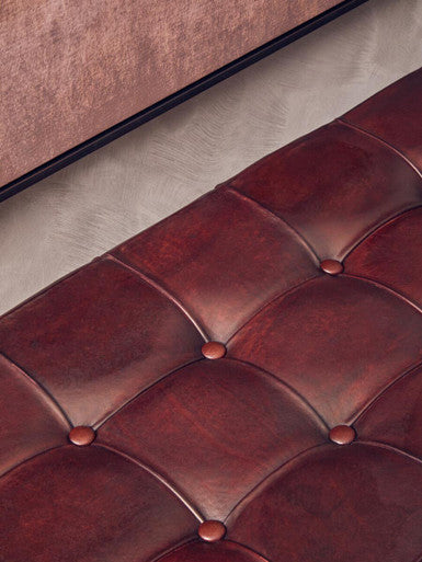 Inca Antique Brown Leather and Teak Wood Button Tufted Bench