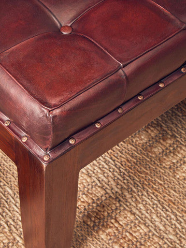 Inca Antique Brown Leather and Teak Wood Button Tufted Bench
