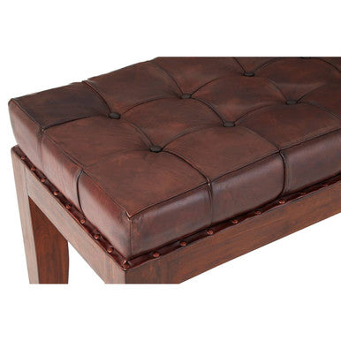 Inca Antique Brown Leather and Teak Wood Button Tufted Bench