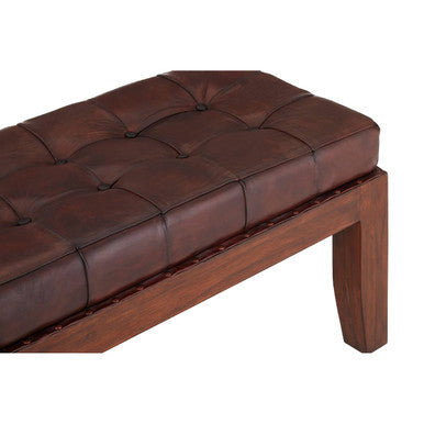 Inca Antique Brown Leather and Teak Wood Button Tufted Bench