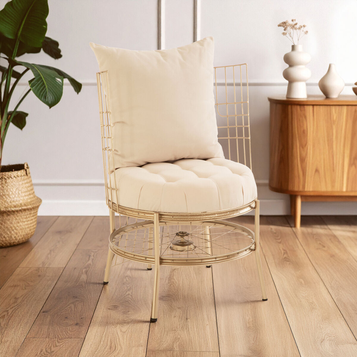 Mantis Natural Fabric and Champagne Finish Wheel Design Chair