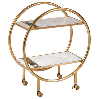 2 Tier Gold Finish Bar Trolley with Marble and Agate Shelves | Vizzini