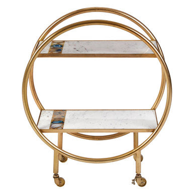 2 Tier Gold Finish Bar Trolley with Marble and Agate Shelves | Vizzini