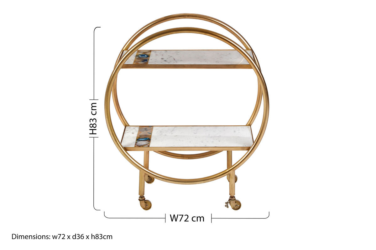 2 Tier Gold Finish Bar Trolley with Marble and Agate Shelves | Vizzini
