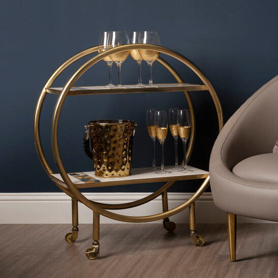 2 Tier Gold Finish Bar Trolley with Marble and Agate Shelves | Vizzini