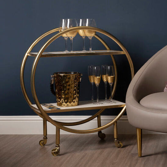 2 Tier Gold Finish Bar Trolley with Marble and Agate Shelves | Vizzini