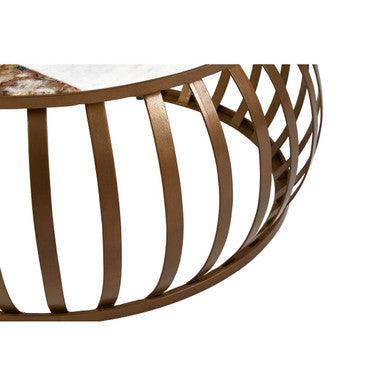 Semi-Precious Agate and White Marble Top Round Coffee Table with Brass Finish Iron Base | Vizzini