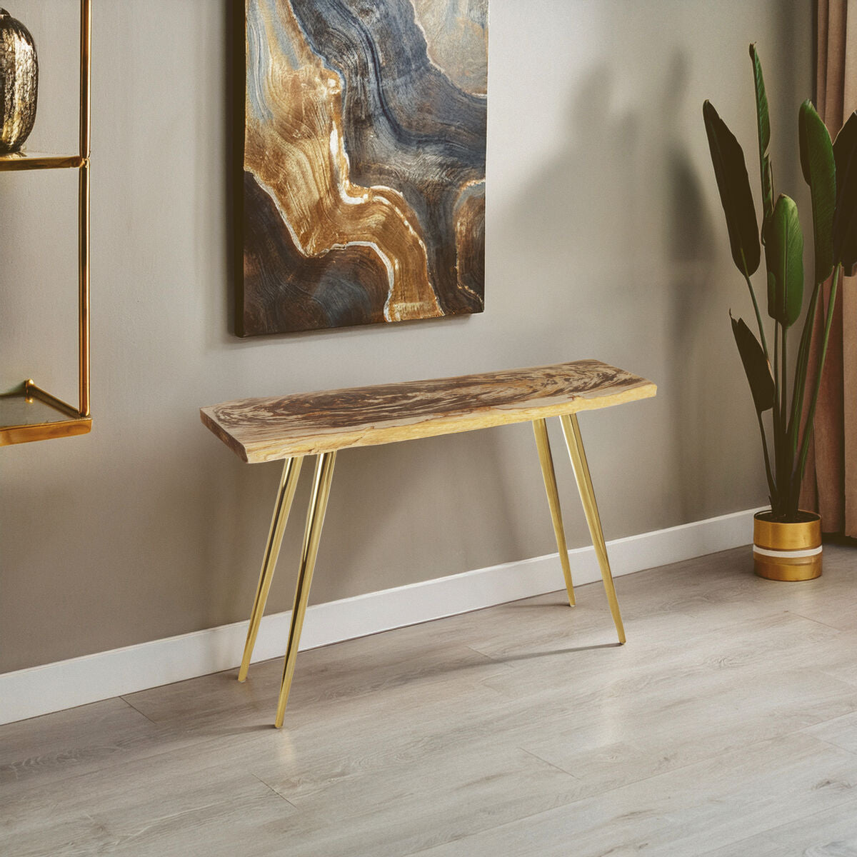 Relic Natural Petrified Wood and Brass Finish Console Table