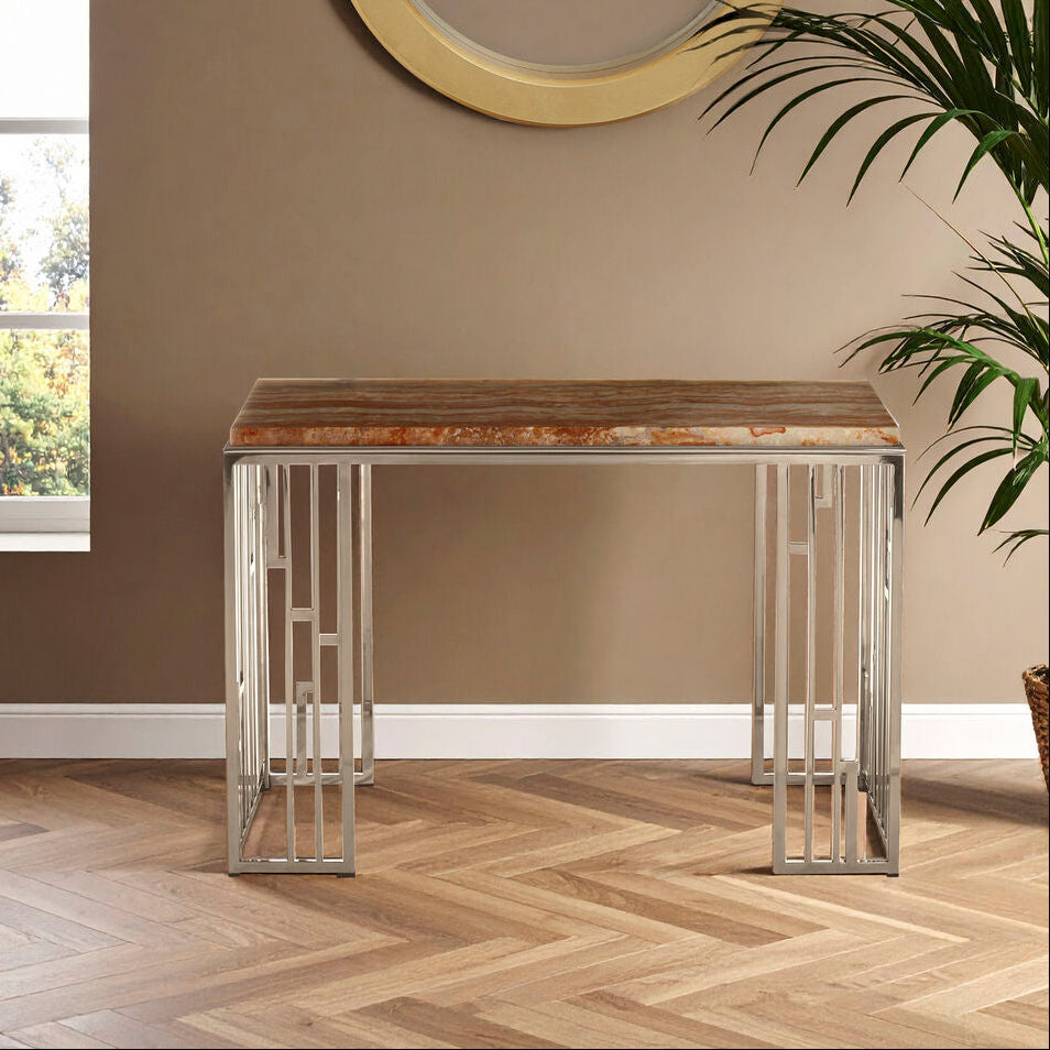 Relic Natural Onyx Stone and Silver Finish Console Table