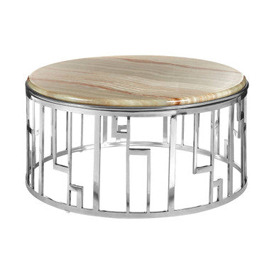 Relic Natural Onyx Stone nd Silver Finish Round Coffee Table