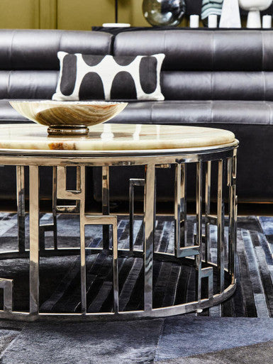 Relic Natural Onyx Stone nd Silver Finish Round Coffee Table