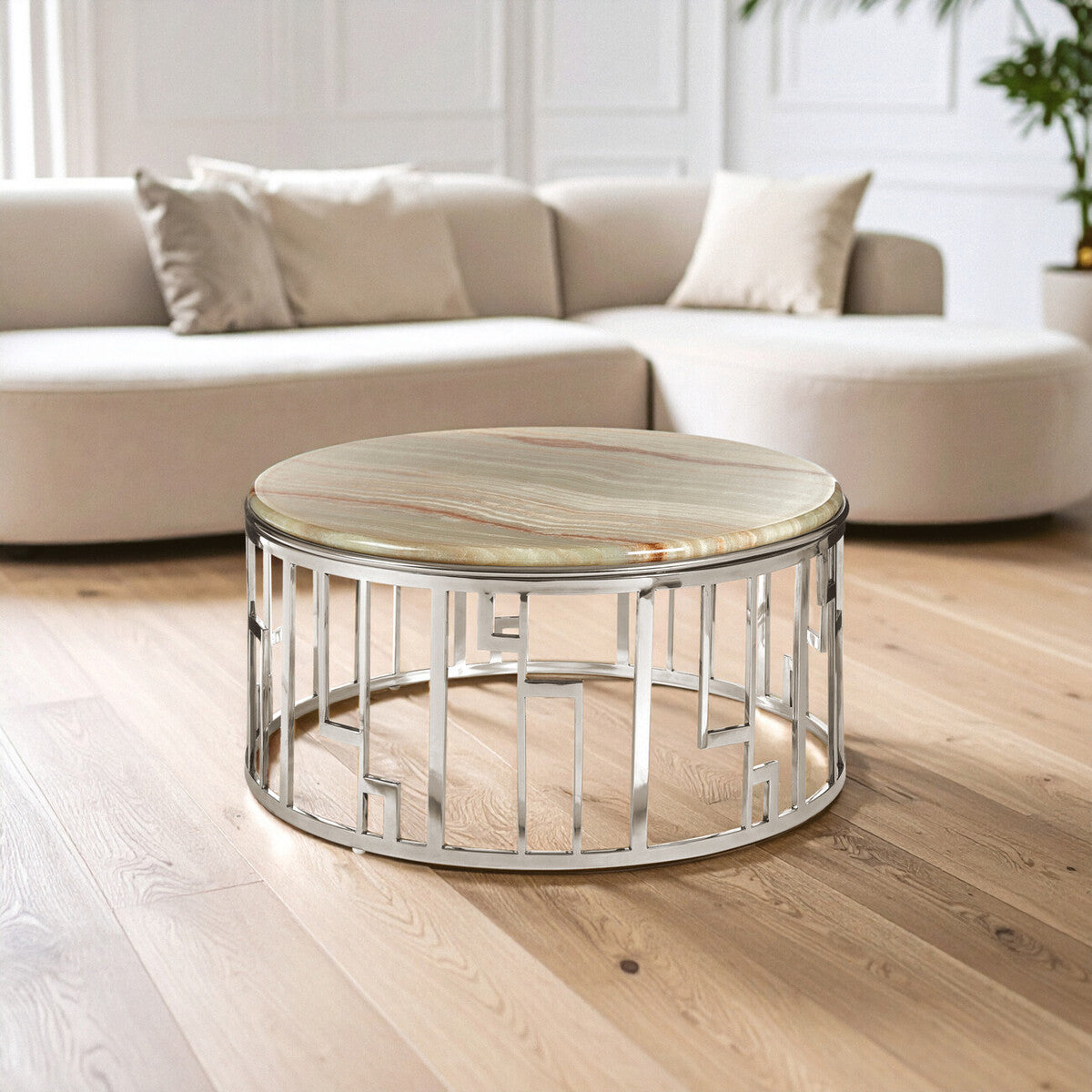Relic Natural Onyx Stone nd Silver Finish Round Coffee Table