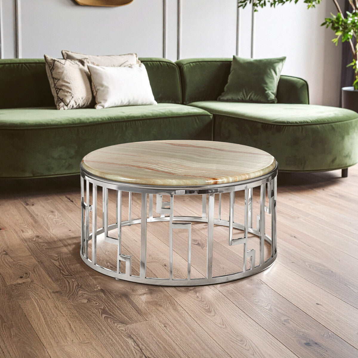 Relic Natural Onyx Stone nd Silver Finish Round Coffee Table