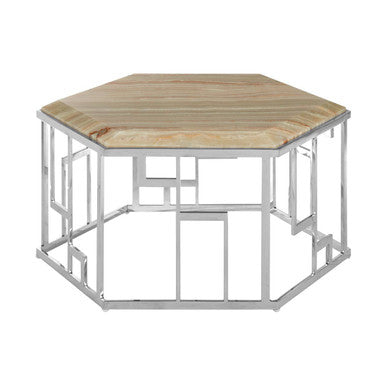 Relic Natural Onyx Stone nd Silver Finish Hexagonal Coffee Table