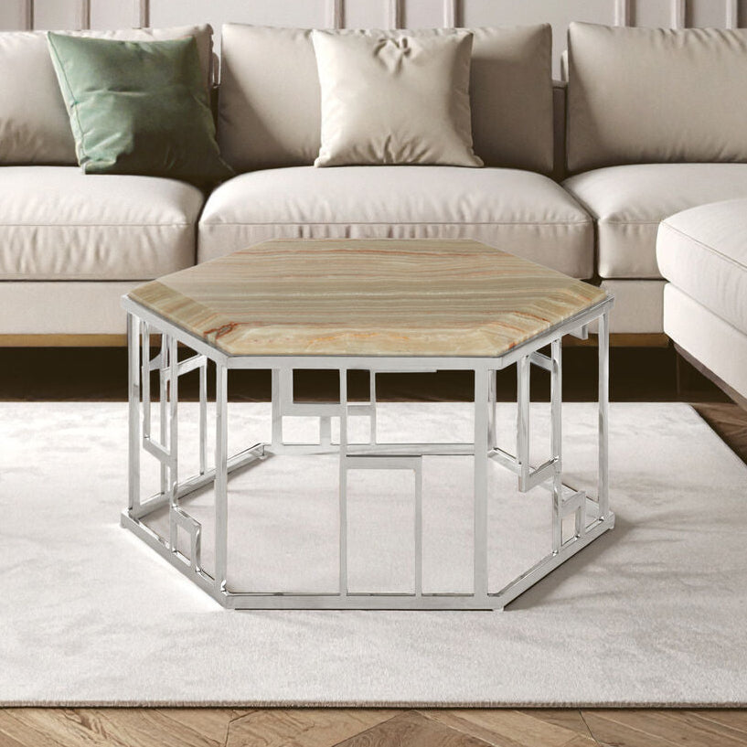 Relic Natural Onyx Stone nd Silver Finish Hexagonal Coffee Table