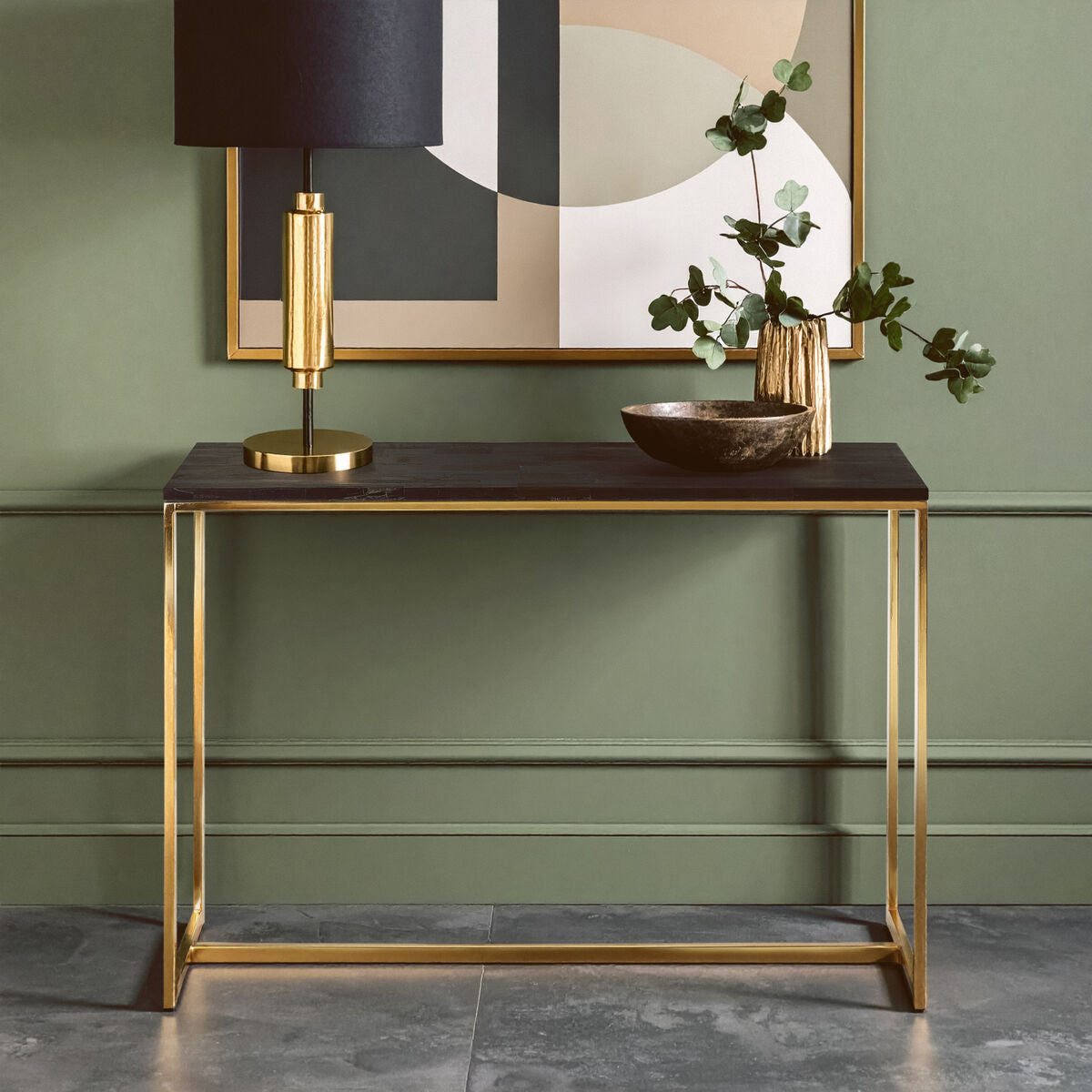 Relic Dark Petrified Wood and Brass Finish Console Table