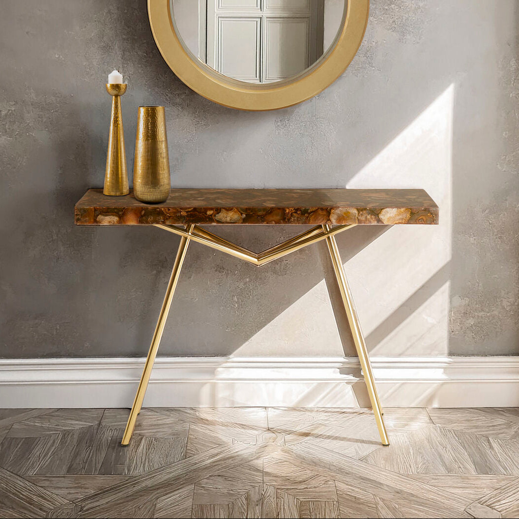 Relic Agate Stone and Brass Finish Console Table