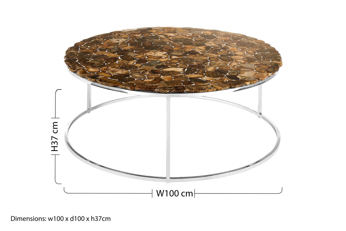 Relic Agate Stone and Silver Finish Round Coffee Table