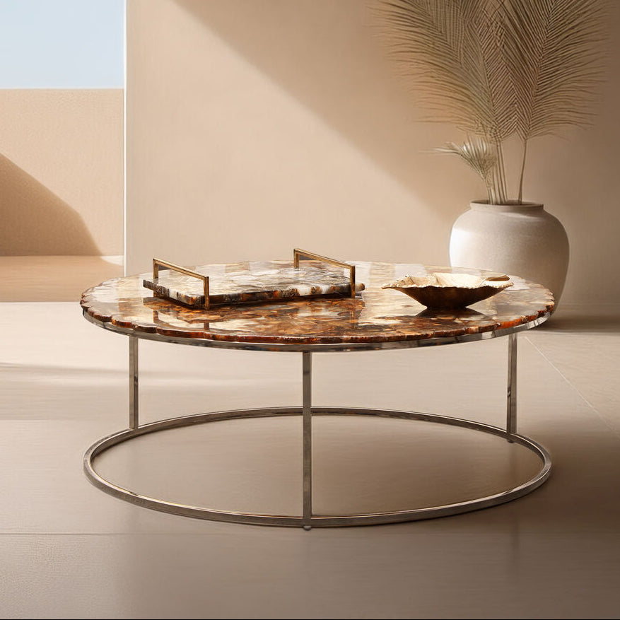 Relic Agate Stone and Silver Finish Round Coffee Table