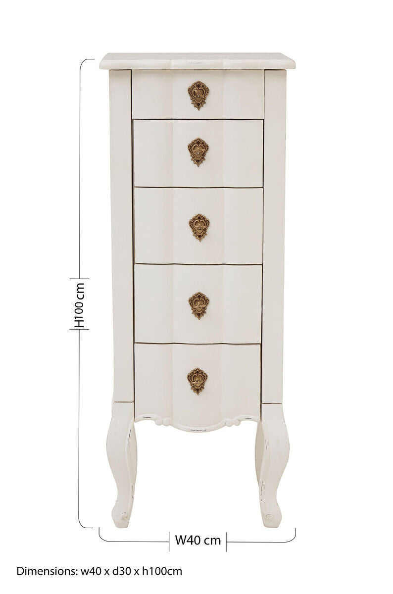 Loire White Wooden Small 5 Drawer Chest