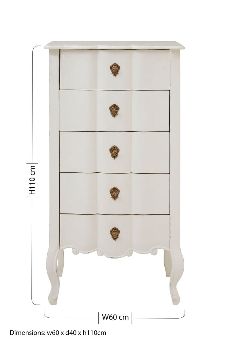 Loire White Wooden Large 5 Drawer Chest