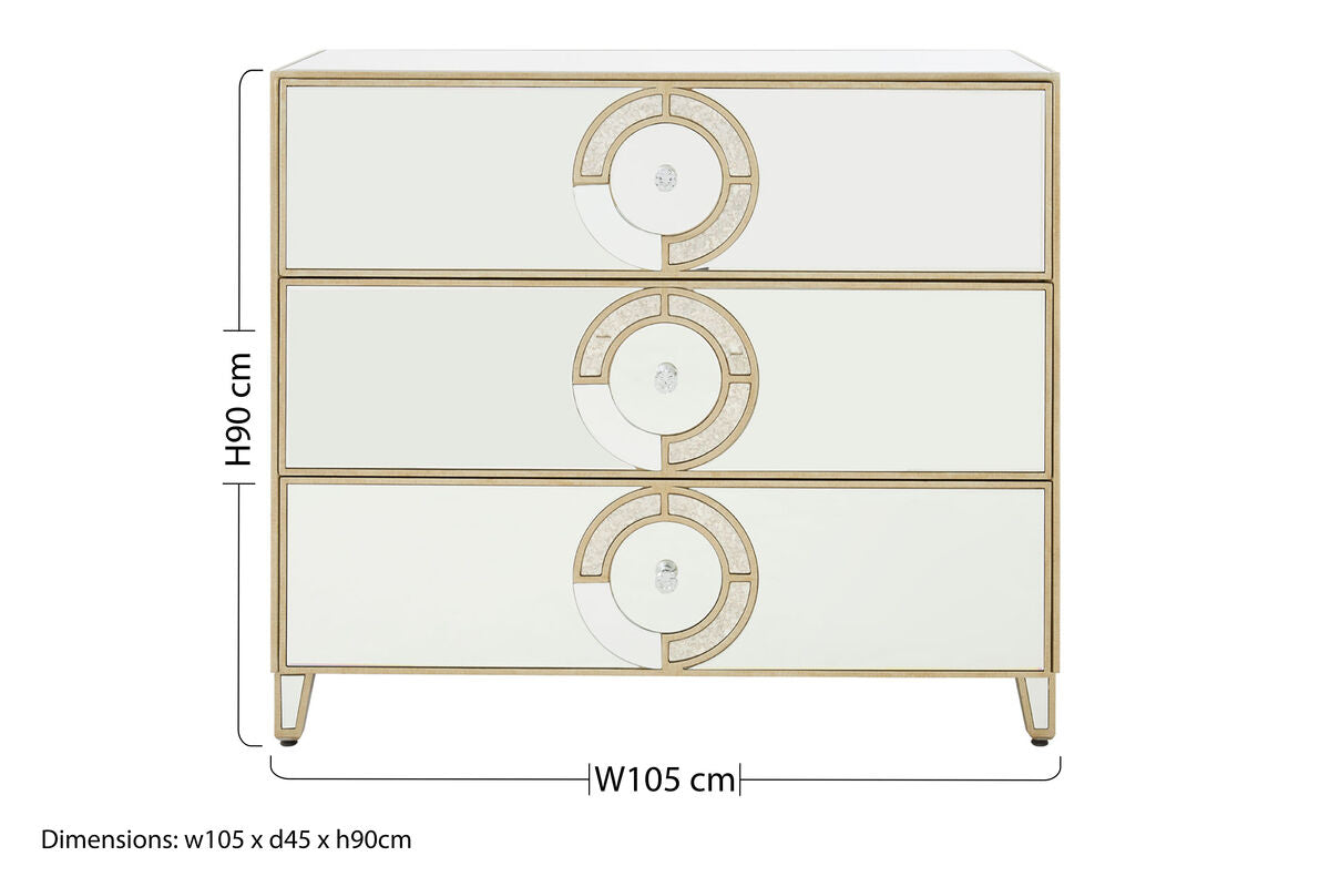 Knightsbridge Champagne Gold and Mirrored Chest of 3 Drawers
