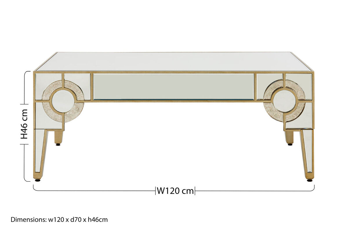 Antique Motif Mirrored Glass Coffee Table with Natural Gold Tone Border | Knightsbridge