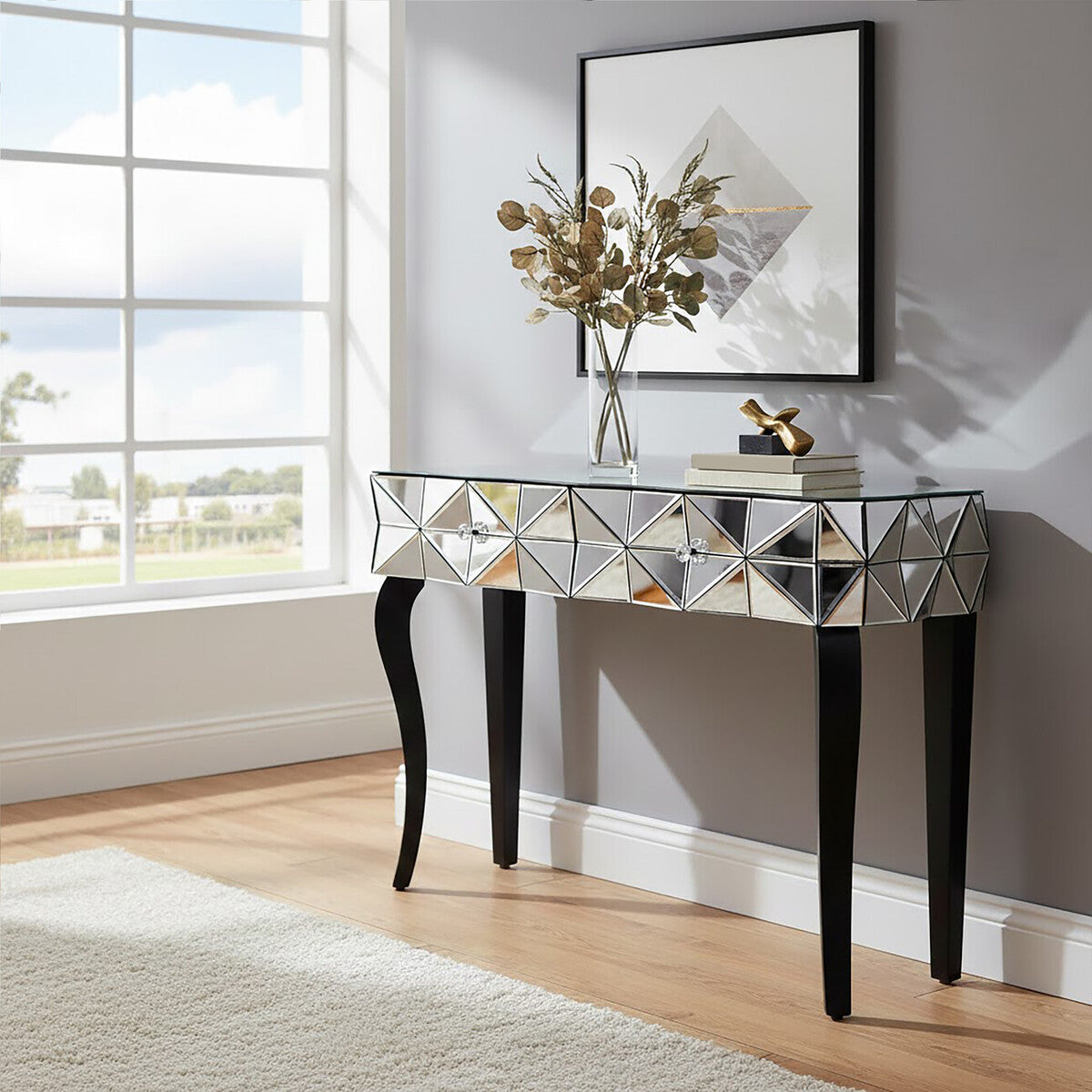 Soho Smoked Faceted Mirror Console Table with Drawers