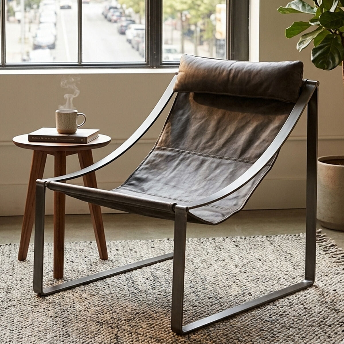 Hoxton Antique Black Leather Sling Chair