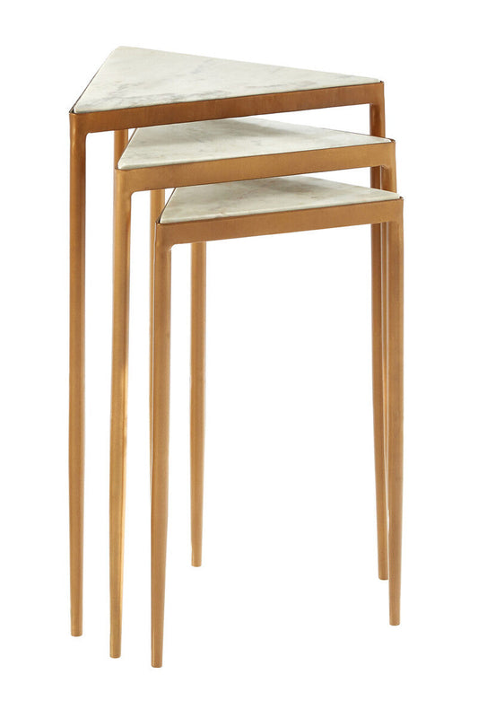 Shalimar White Marble and Gold Finish Set of 3 Triangle Nesting Tables