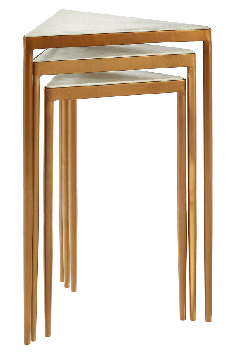 Shalimar White Marble and Gold Finish Set of 3 Triangle Nesting Tables
