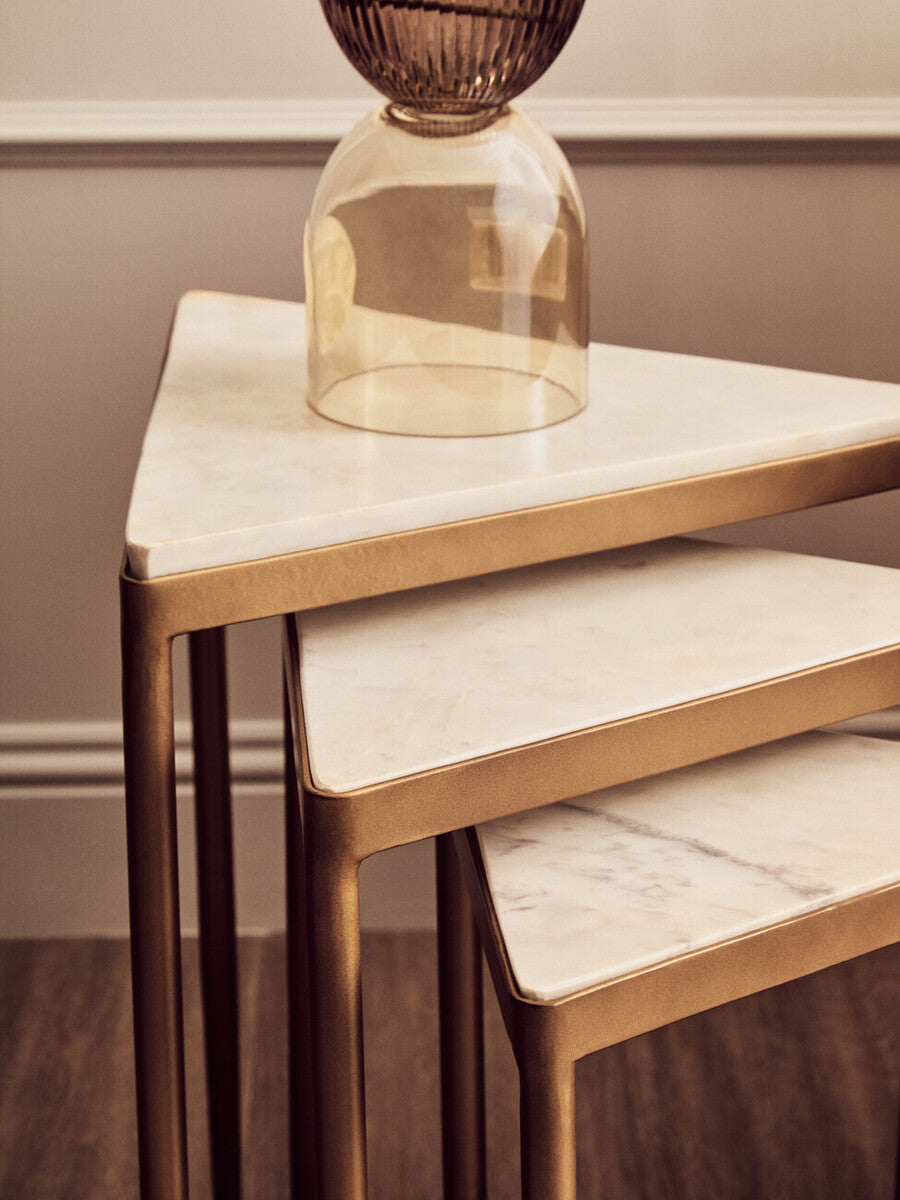 Shalimar White Marble and Gold Finish Set of 3 Triangle Nesting Tables