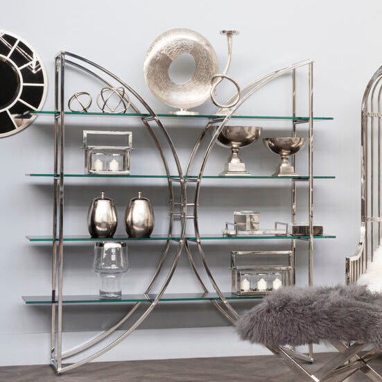 Vogue Black Glass 4 Tier Shelf Unit with Silver Finish Frame