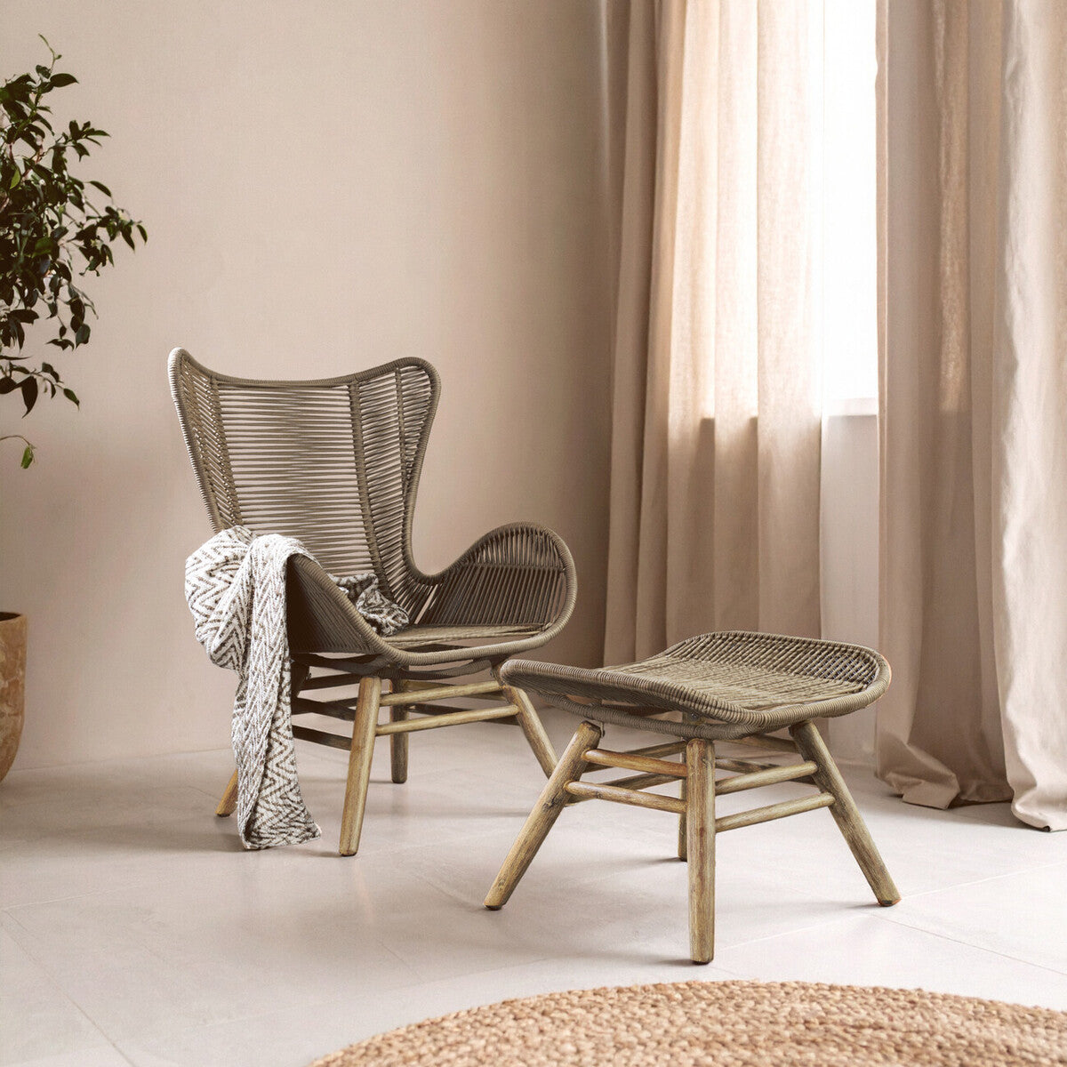 Sisal Latte Woven Rope Lounge Chair and Footstool Set